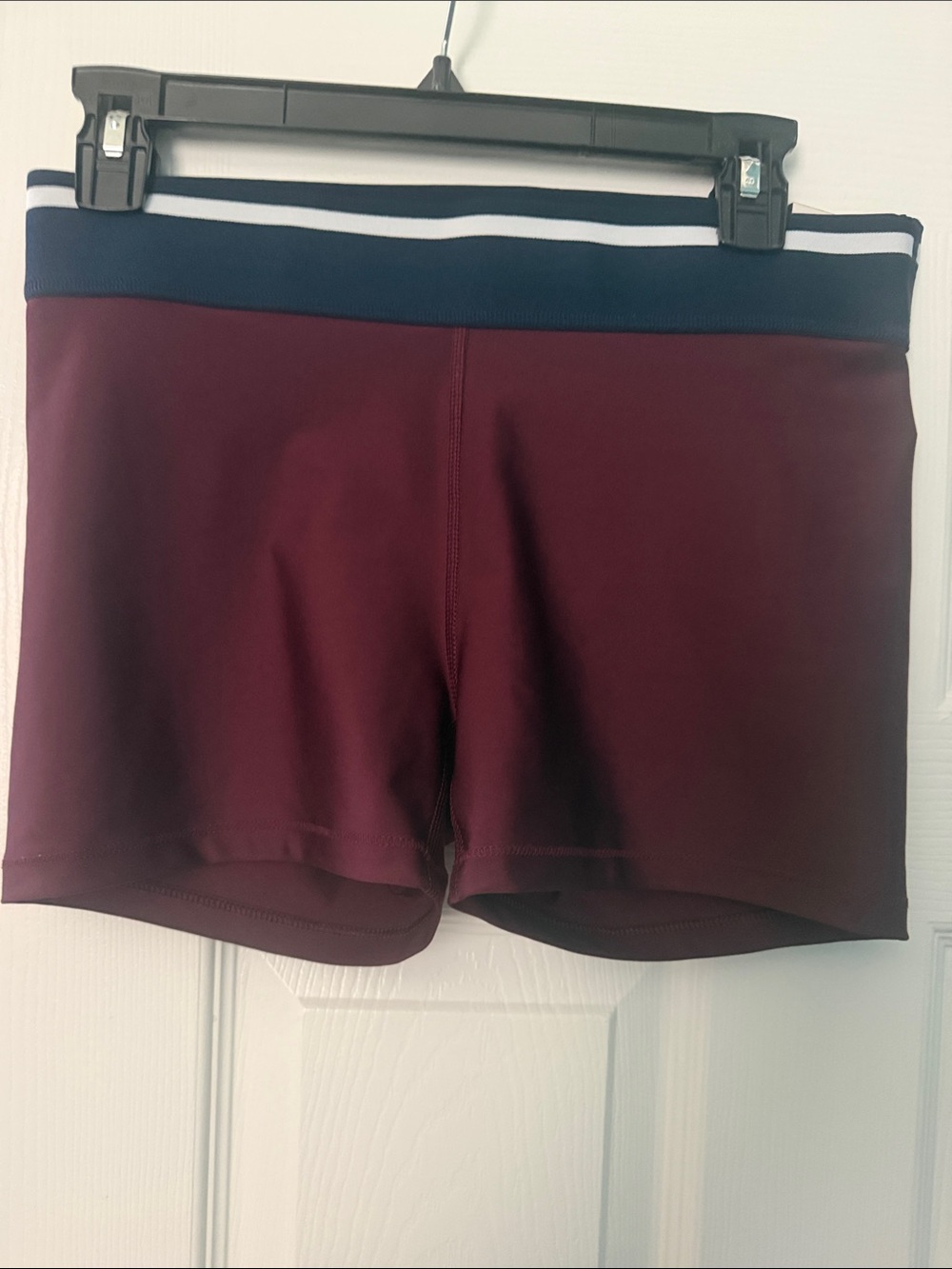 Women’s Maroon Compression Athletic Shorts with Navy Striped Waistband